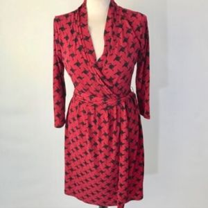 Liz Claiborne red and black belted v neck dress with pleats